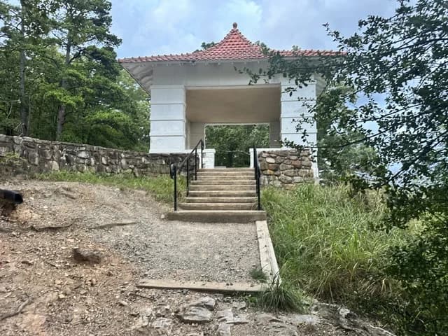 White Pagoda with a red tile roof on Hot Springs Mountain