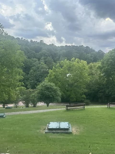 Green park lawn and benches with wooded mountains beyond in Hot Springs